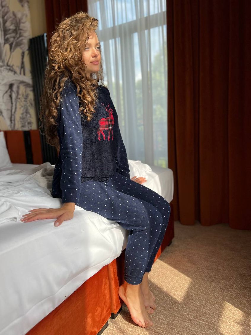Женская мягкая пижама для повседневной носки с оленем синяя