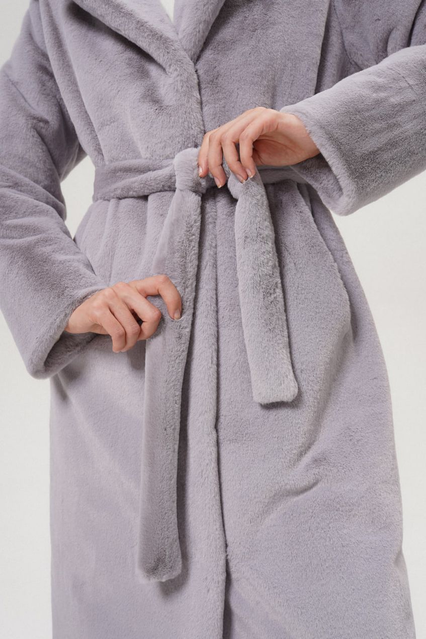 Женская теплая шуба из экомеха под кролика Серая 110см. XXL без капюшона