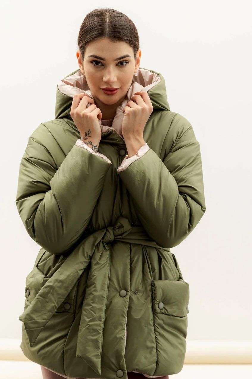 Жіноча тепла двостороння куртка з капюшоном SEV-2091.5447 оливкова-бежева