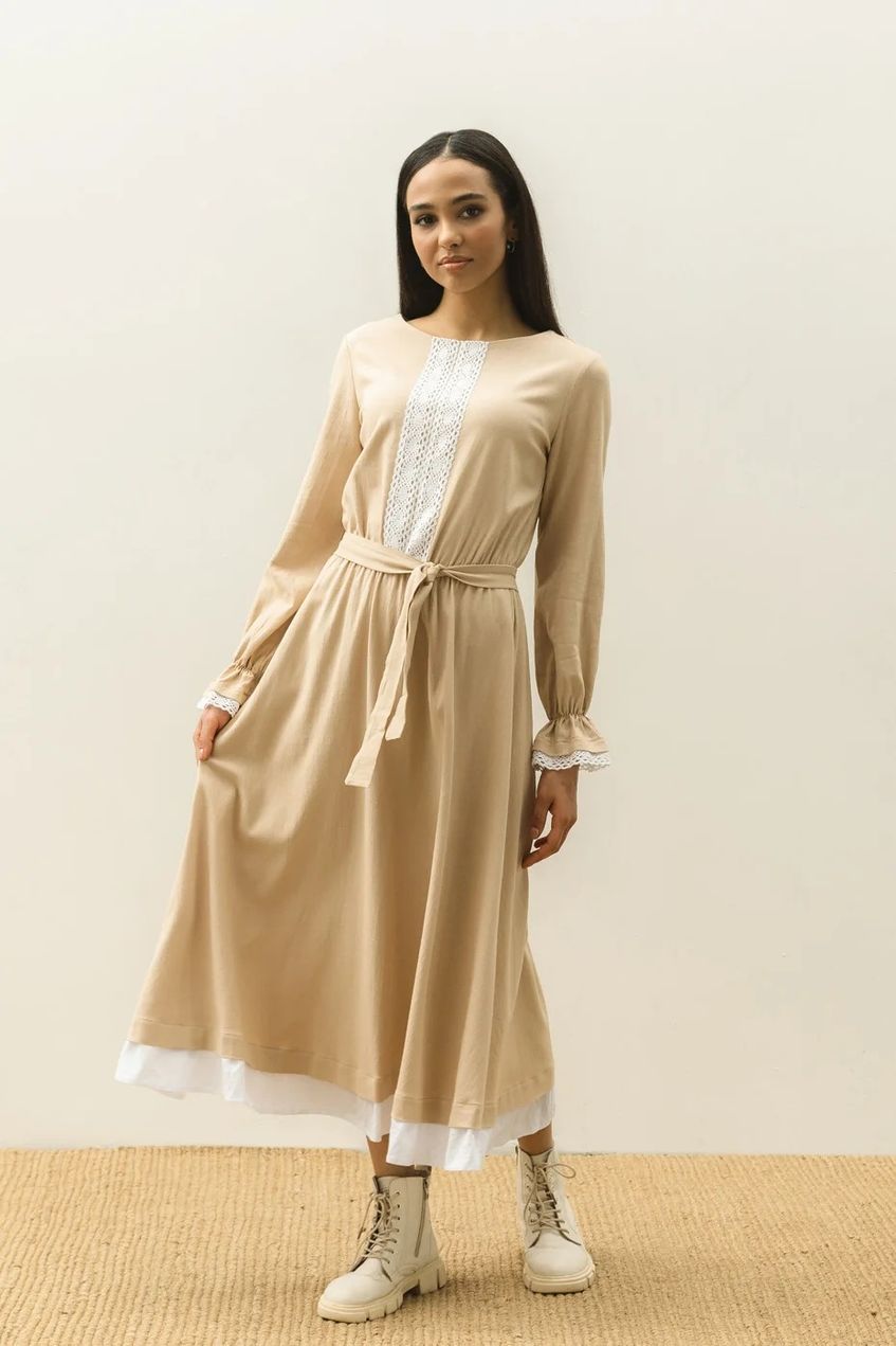 Летнее льняное платье мидакси с кружевом SEV-2053.5317 бежевое