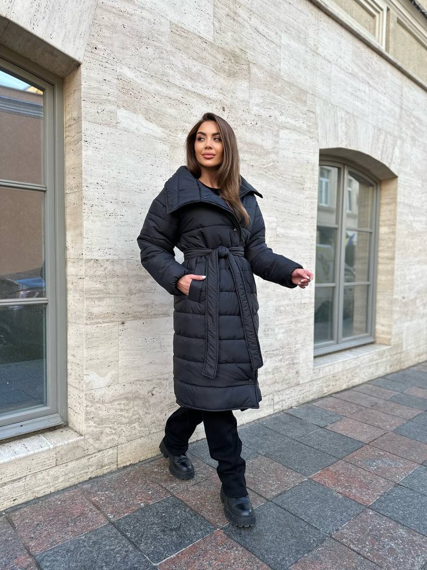 Женская длинная утепленная куртка пуховик с поясом LL-067 черная