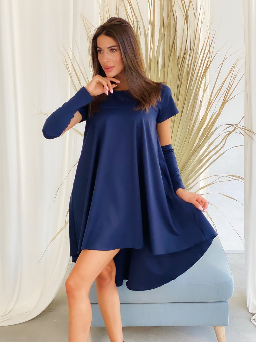 Свободное ассиметричное платье с митенками Темно-синее