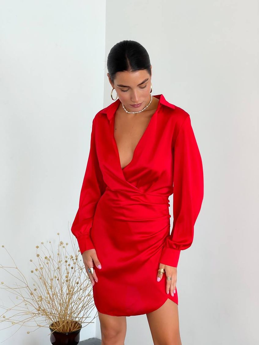 Коротка шовкова сукня з довгим рукавом Червоний LL-130