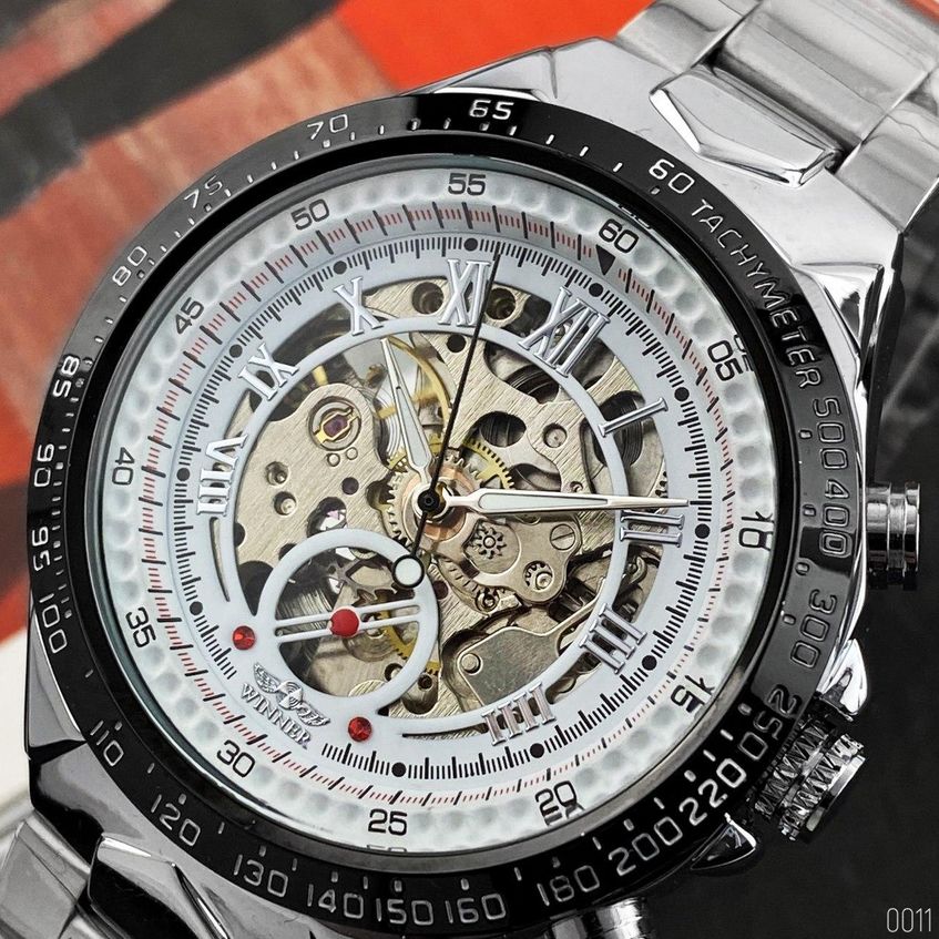 Годинник чоловічій механічний Winner 8067 Silver-Black-White Red Cristal AB-1099-0011