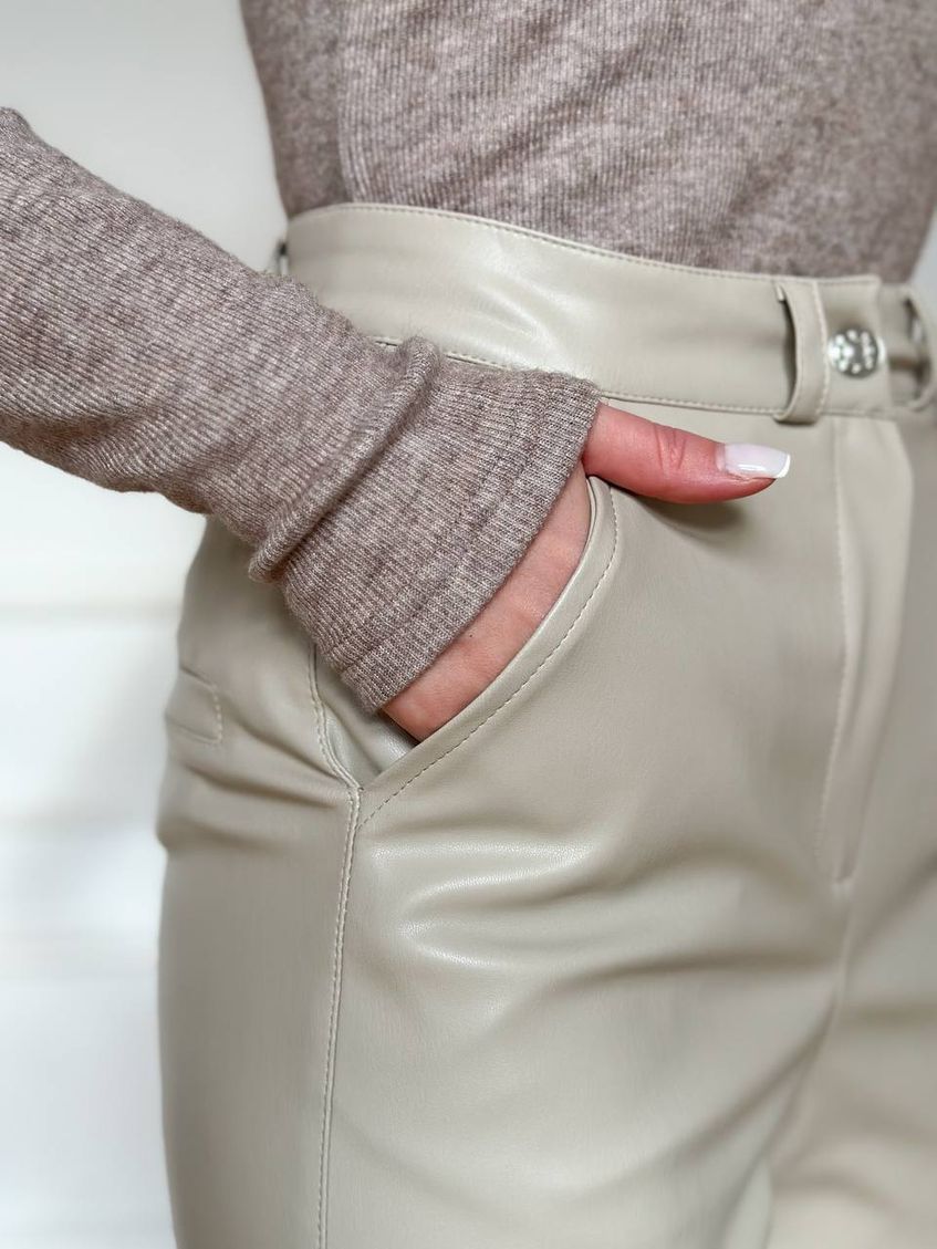 Утеплені жіночі штани з еко-шкіри LL-238 Бежеві