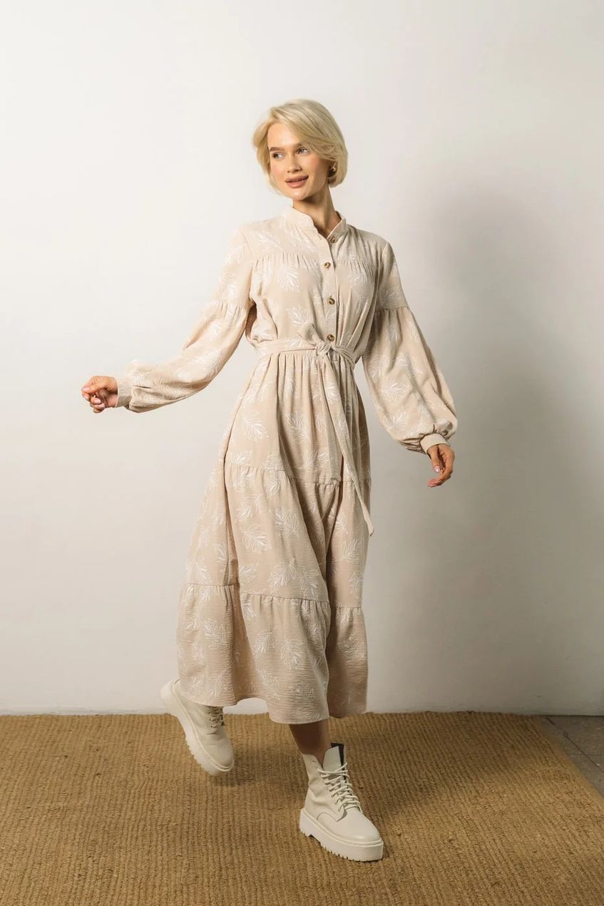 Длинное льняное платье рубашка с рюшами SEV-2048.5318 бежевое
