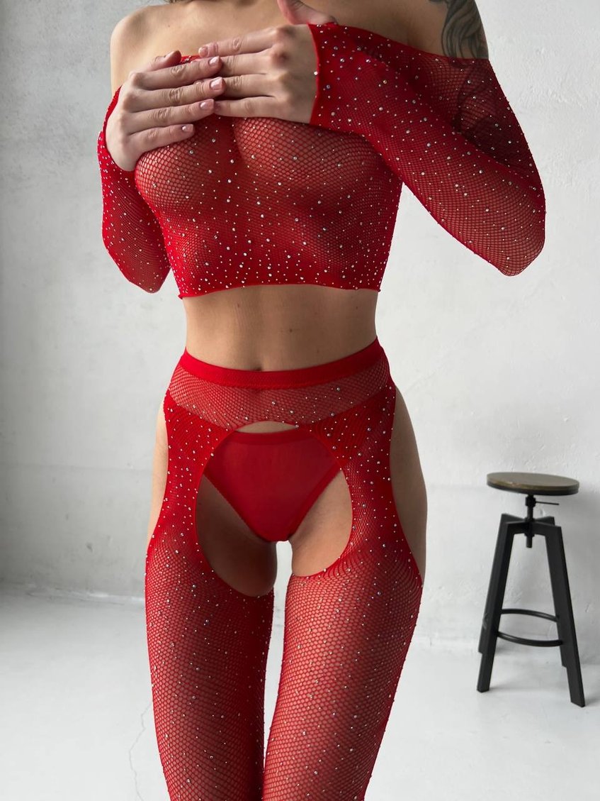 Жіночий комплект еротичний топ+колготки зі стразами червоний