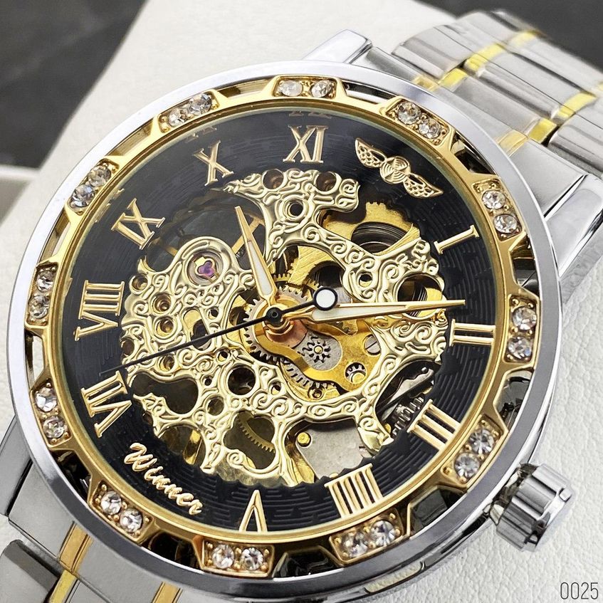 Часы мужские механические Winner 8012 Diamonds Automatic Silver-Black-Gold AB-1099-0025