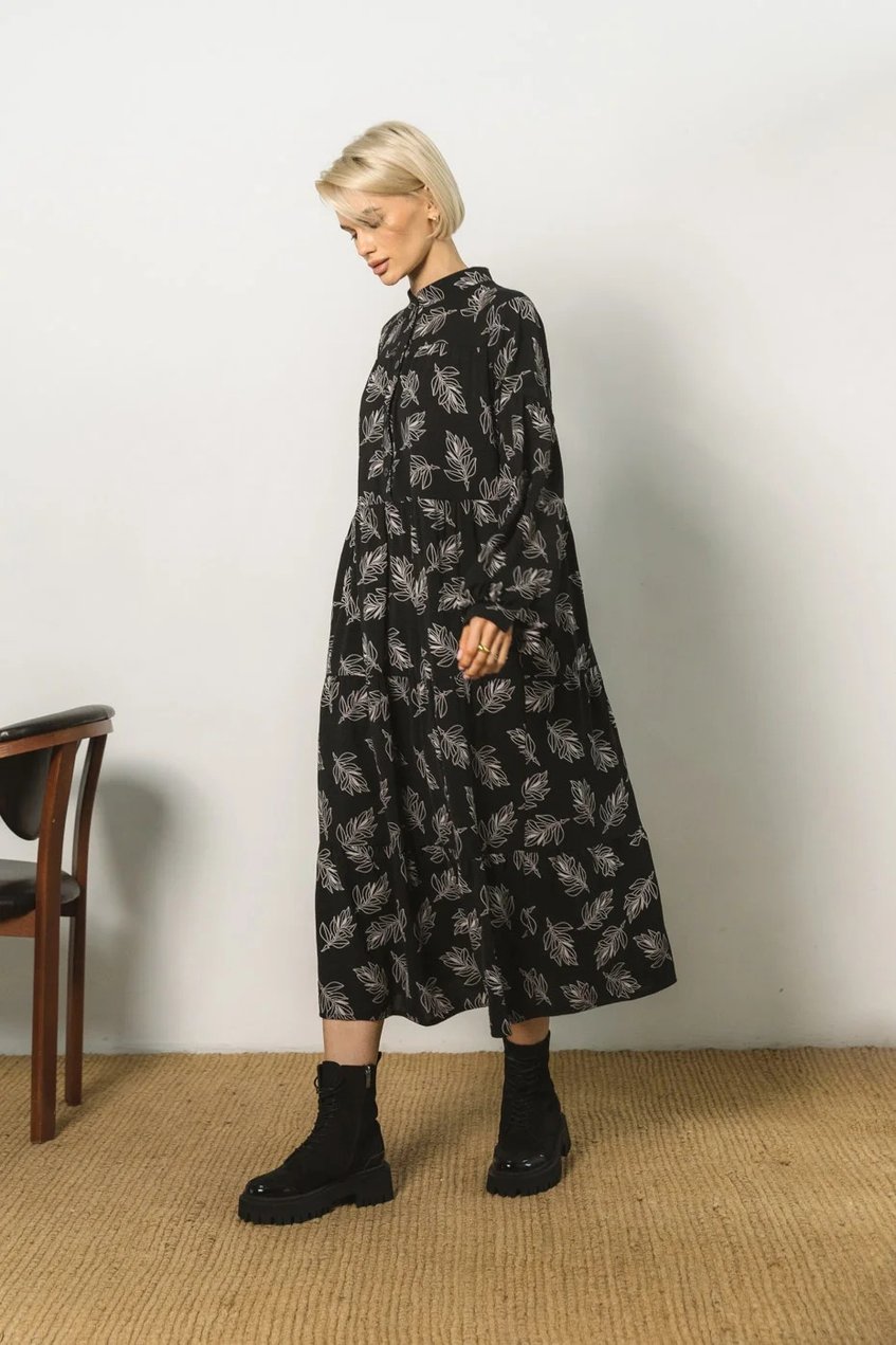 Длинное льняное платье рубашка с рюшами SEV-2048.5309 черное