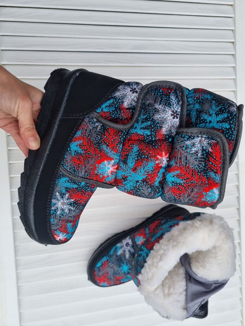 Жіночі чоботи зимові дутики зі сніжинкою SL-2854 Синє-чорні