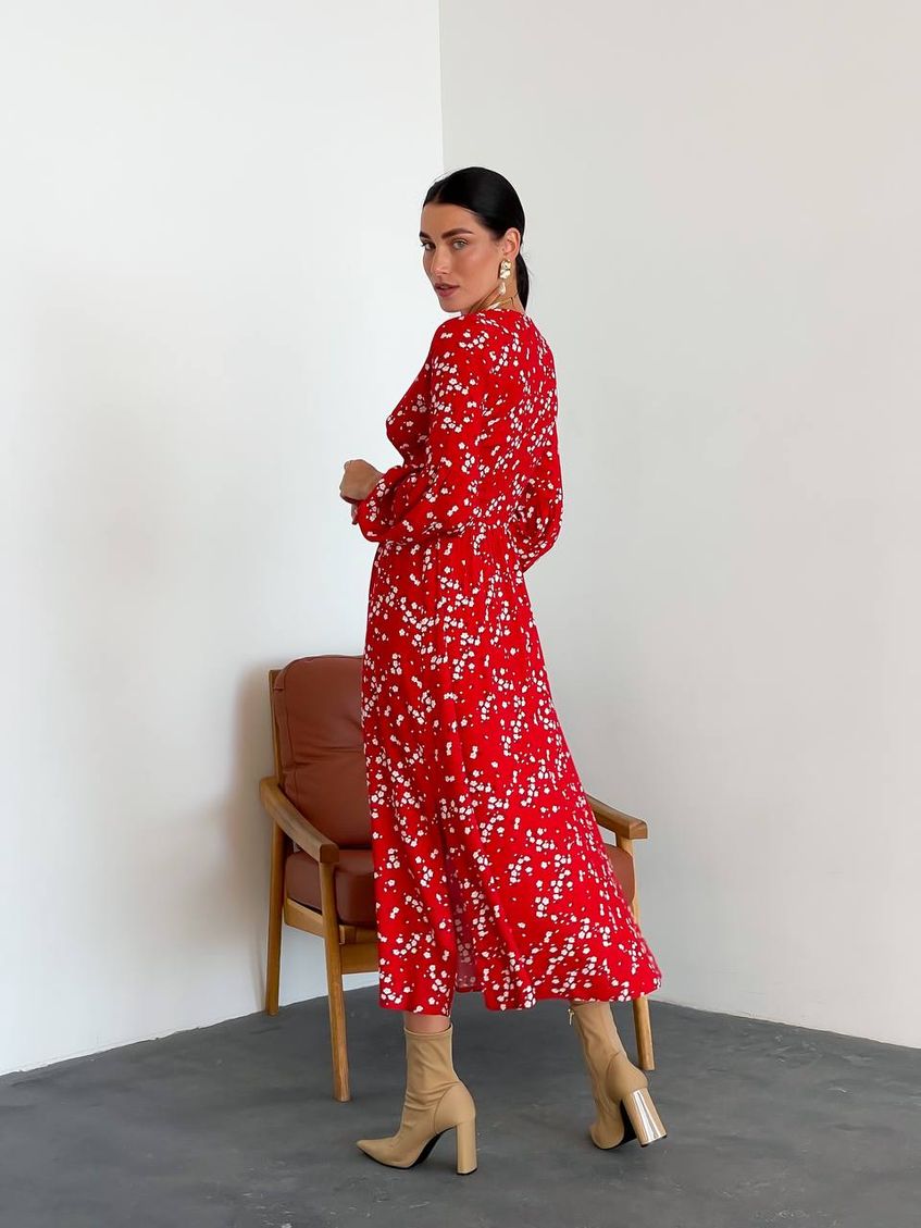 Довга сукня на ґудзиках з V-подібним вирізом Червоний LL-143