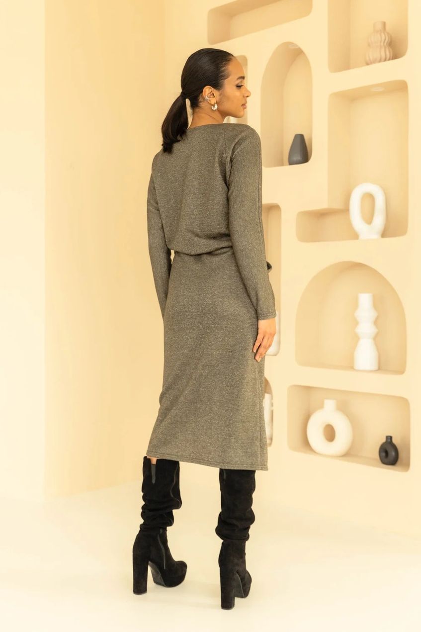 Женское демисезонное платье миди с разрезом SEV-2130.5584 оливковое