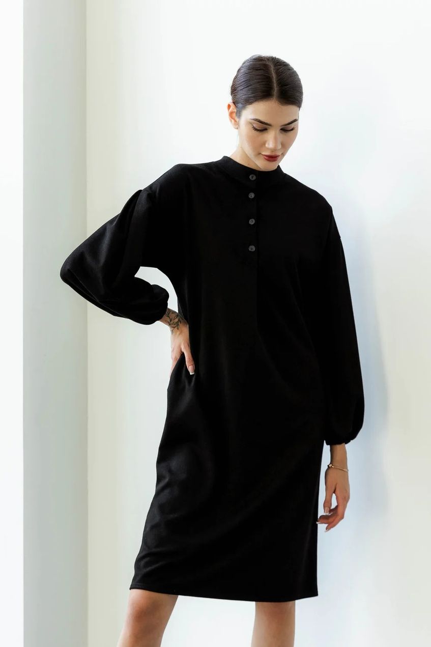 Пряма повсякденна сукня міді вільного крою з поясом SEV-2097.5442 чорна
