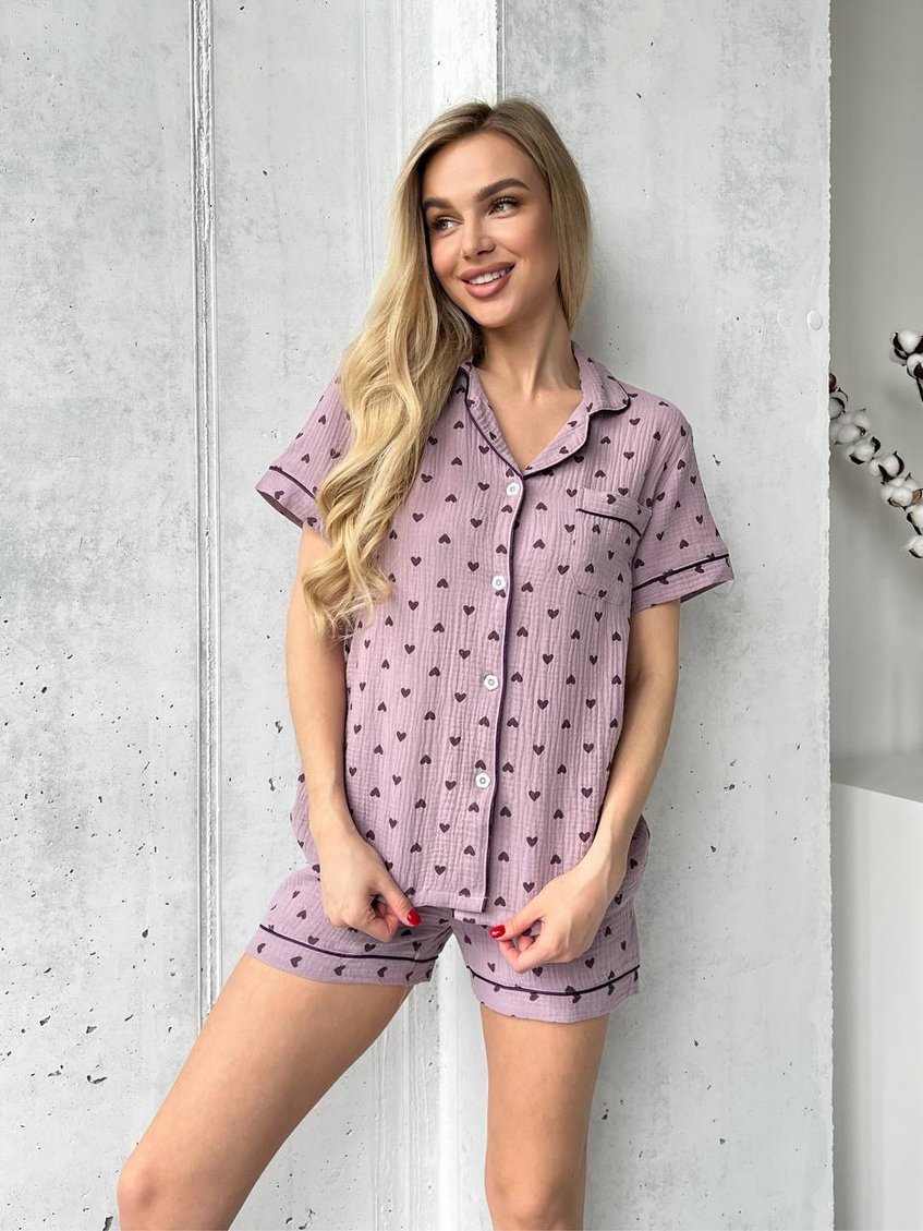 Женская нежная пижама комплект из муслина с сердечками фиолет