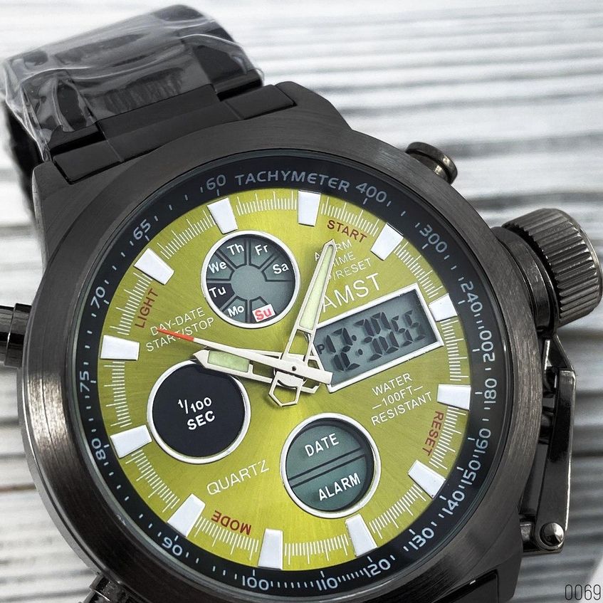 Часы мужские оригинальные кварцевые AMST 3022 Black-Green Metall AB-1094-0069