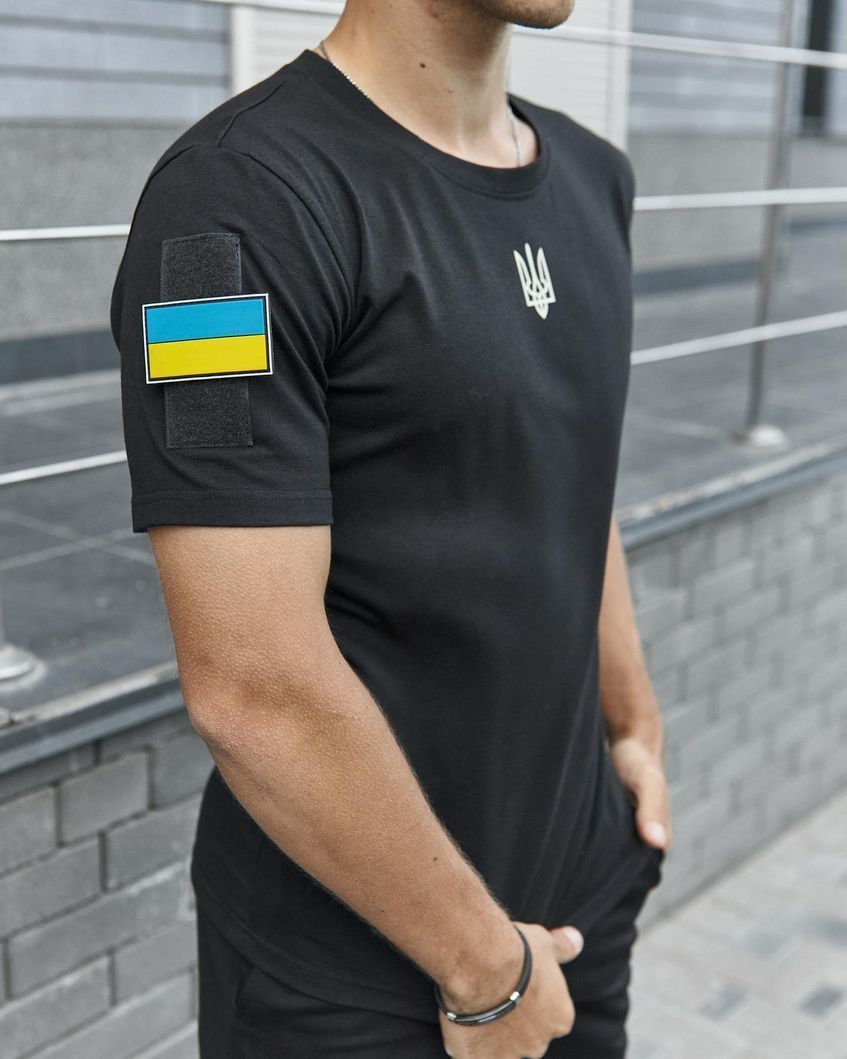 Чоловіча футболка з гербом та липучаками під шеврон Чорна, 3XL