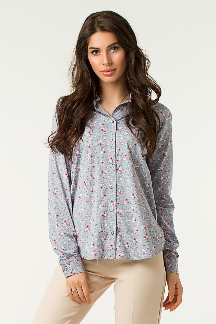 Женская рубашка с цветочным принтом /серая, 42-48, LL-004-1/