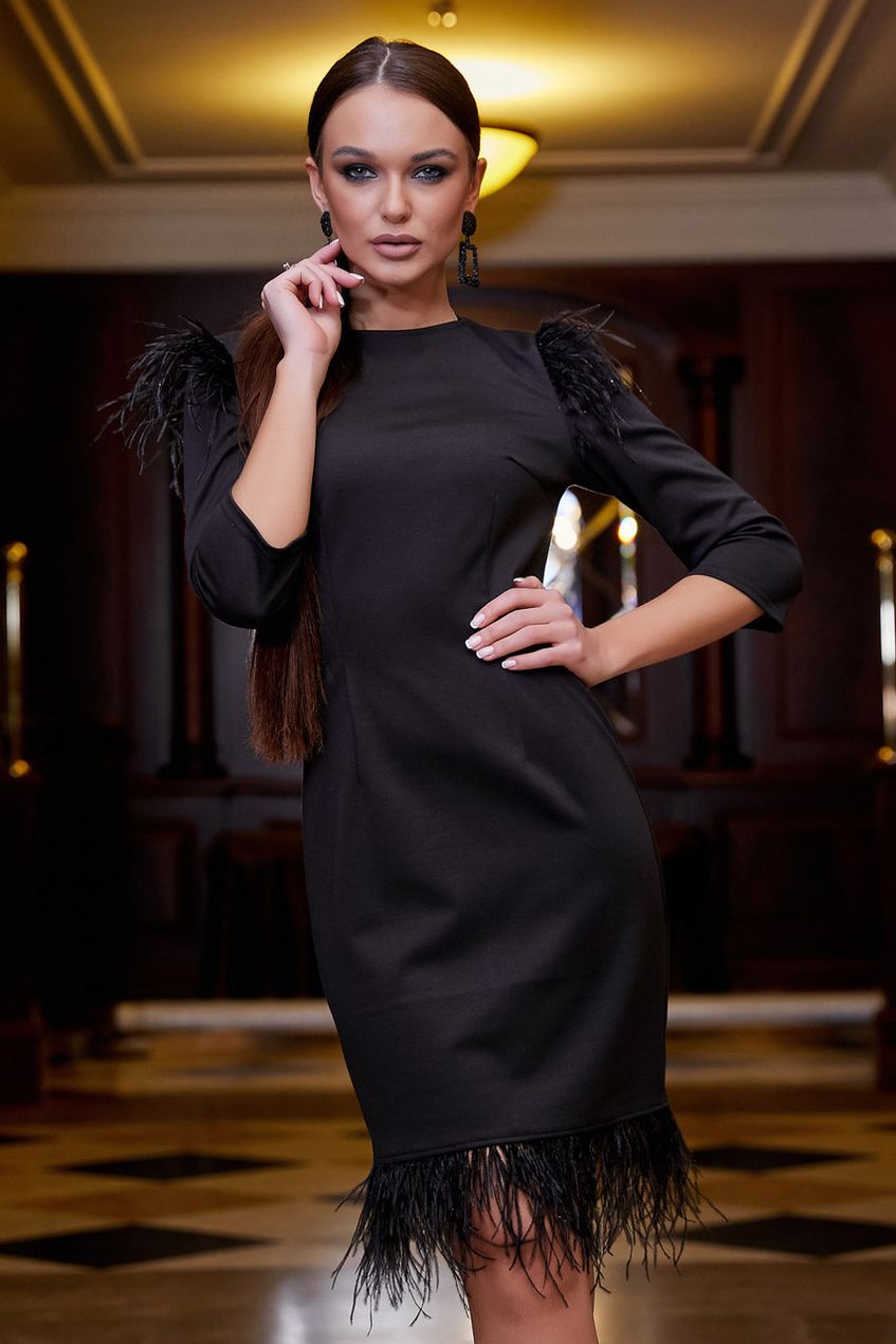 Роскошное приталенное платье миди с перьями SEV-1295.3925