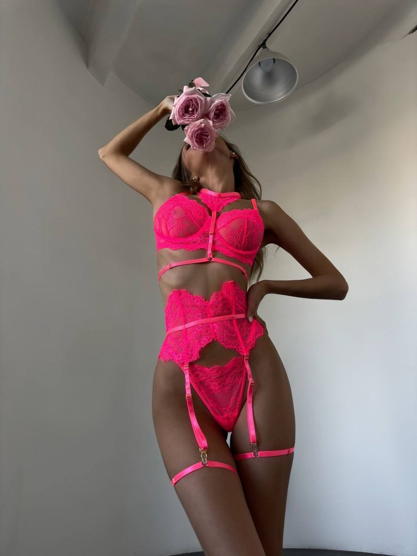Женское эротическое белье в комплекте пояс+чокер розовое