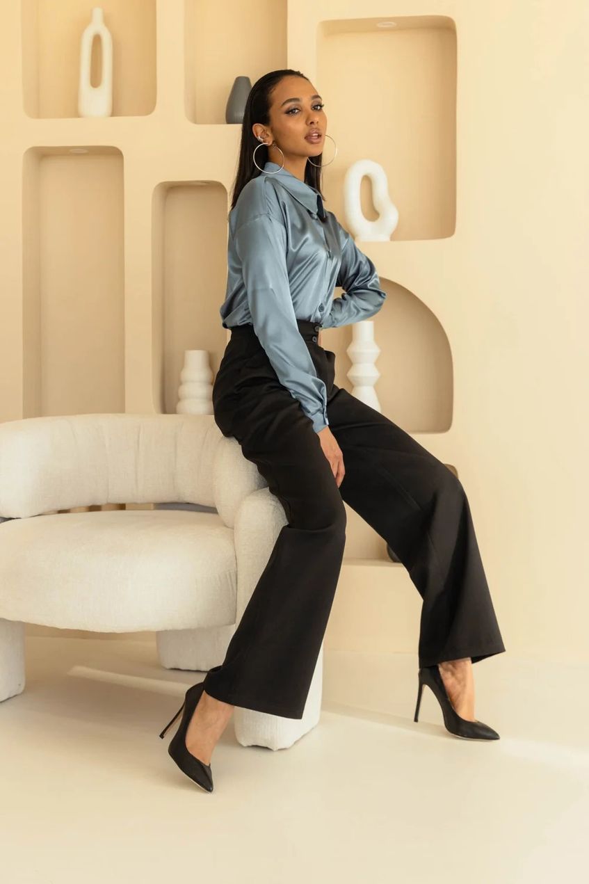 Женская шелковая блуза на пуговицах с длинными рукавами SEV-2126.5591 графитовая