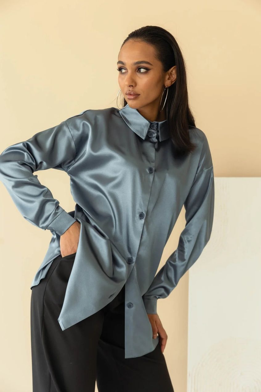 Жіноча шовкова блузка на гудзиках з довгими рукавами SEV-2126.5591 графітова