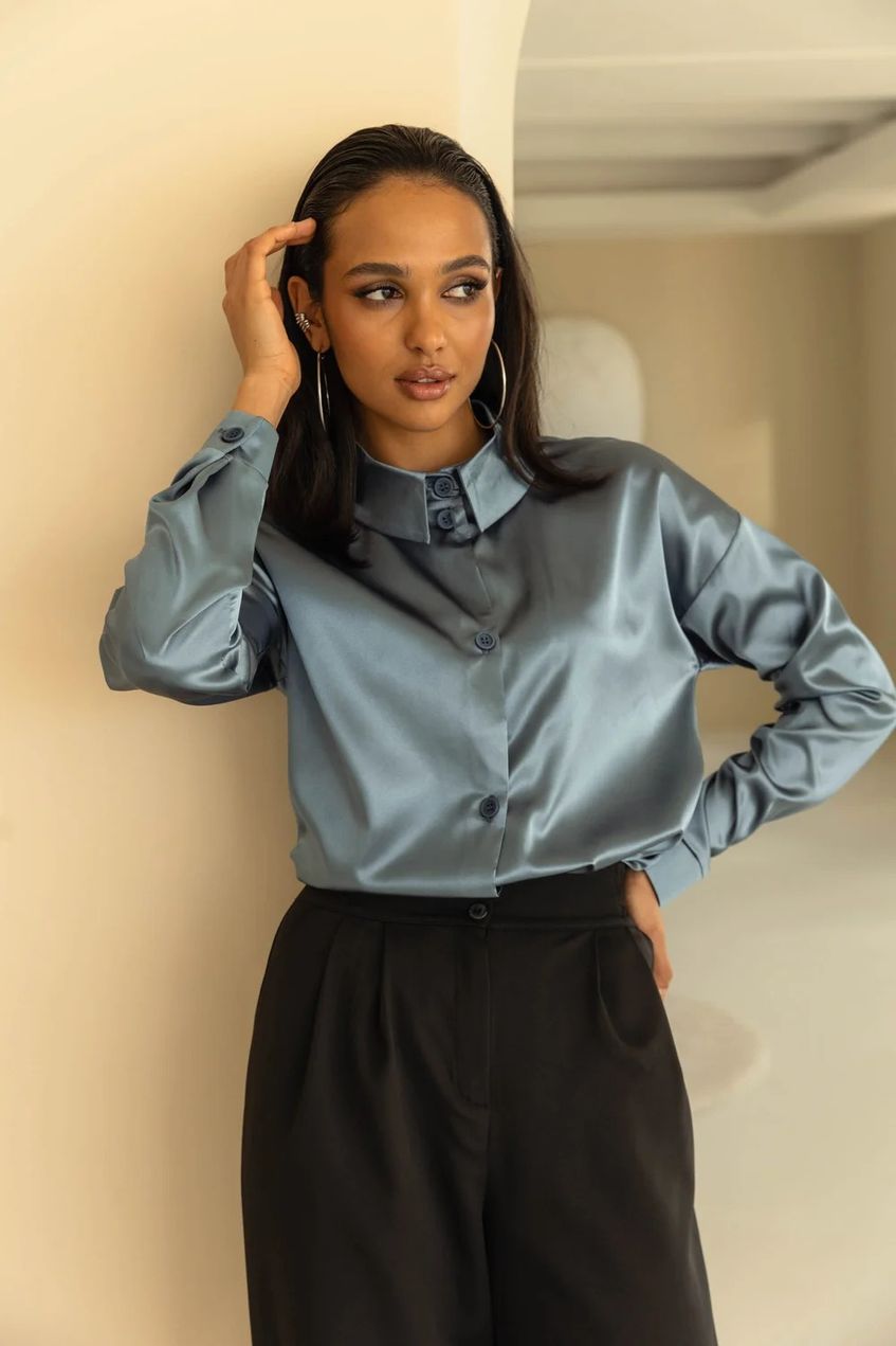 Жіноча шовкова блузка на гудзиках з довгими рукавами SEV-2126.5591 графітова