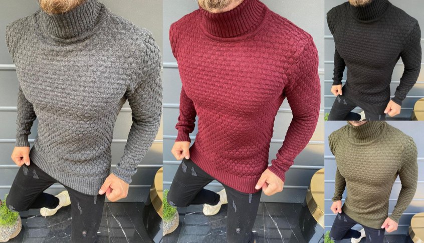 Мужской теплый свитер крупной вязки с узором ДМ-свитер в ромб