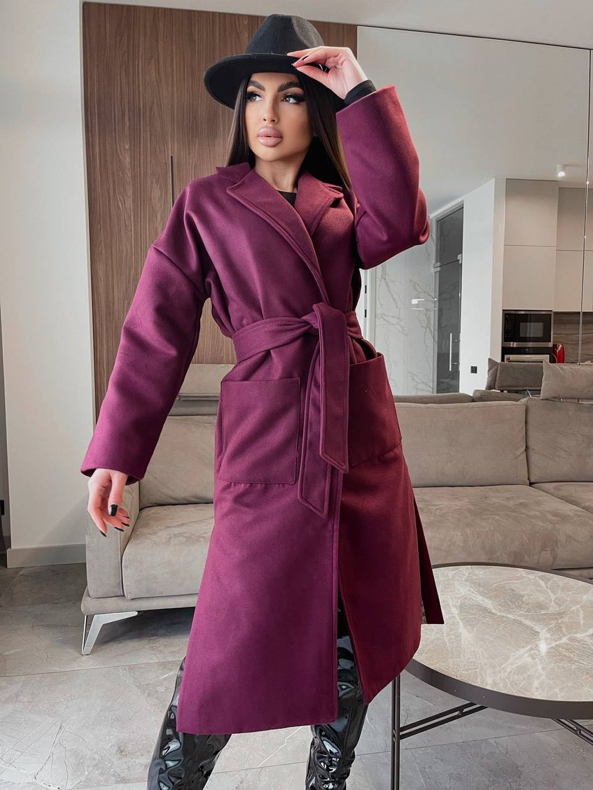 Женское кашемировое пальто на запах ft-1039 Марасала