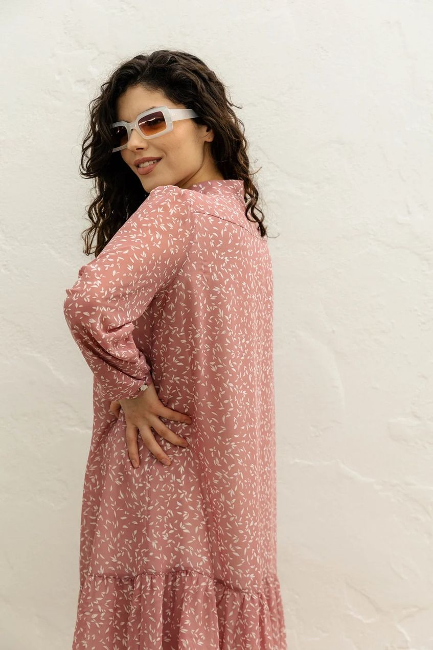 Легкое платье рубашка мини с рюшей внизу SEV-2061.5366 розовое