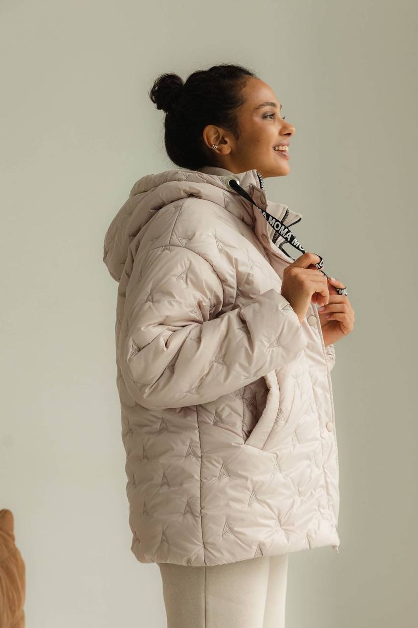 Женская короткая куртка на молнии с капюшоном SEV-2102.5487 бежевая