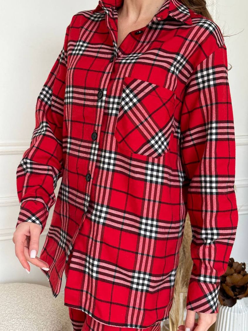 Трикотажна піжама в клітку з довгим рукавом з брюками LL-242 Червона