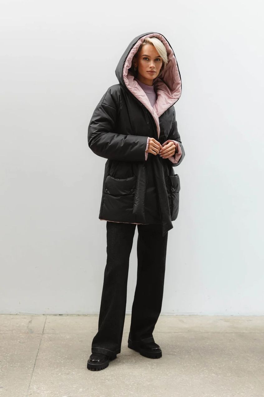 Жіноча тепла двостороння куртка з капюшоном SEV-2091.5458 чорна-рожева