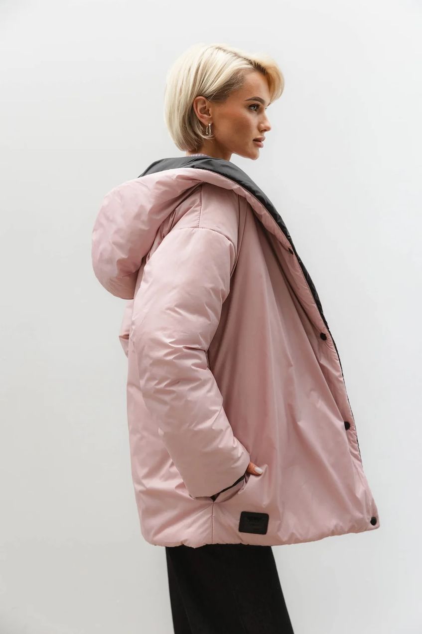Женская теплая двухсторонняя куртка с капюшоном SEV-2091.5458 черная-розовая